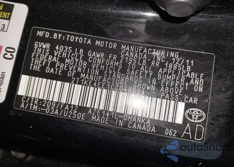 2012 Toyota Matrix S z USA, uszkodzony, nr VIN 2T1KE4EE1CC048624